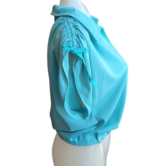 1OF1 Medium Vintage Aqua Blue Collared Blouse Ruched Sleeves Ribbon Tie HANDMADE - Picture 3 of 6